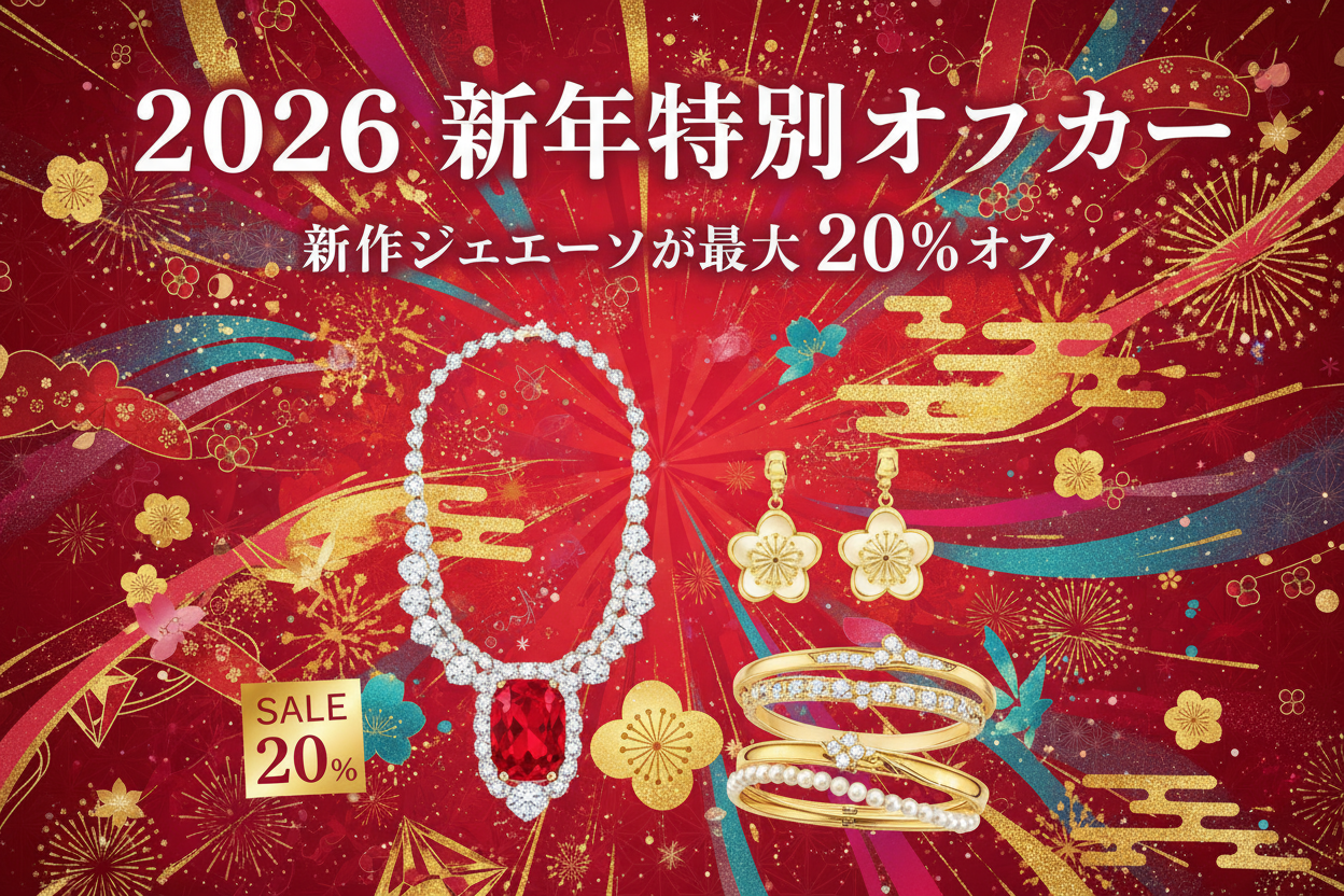生成一个400*400像素的广告图，图片正方形，大标题 “2026 新年特別オファー”，小标题“新作ジュエリーが最大 20%オフ”，配色跳动，鲜艳活泼，触发消费欲望。要有新年元素